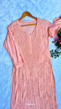 Peach-colored premium modal long kurta with handmade Lucknow Chikankari embroidery from LVW Fashions.