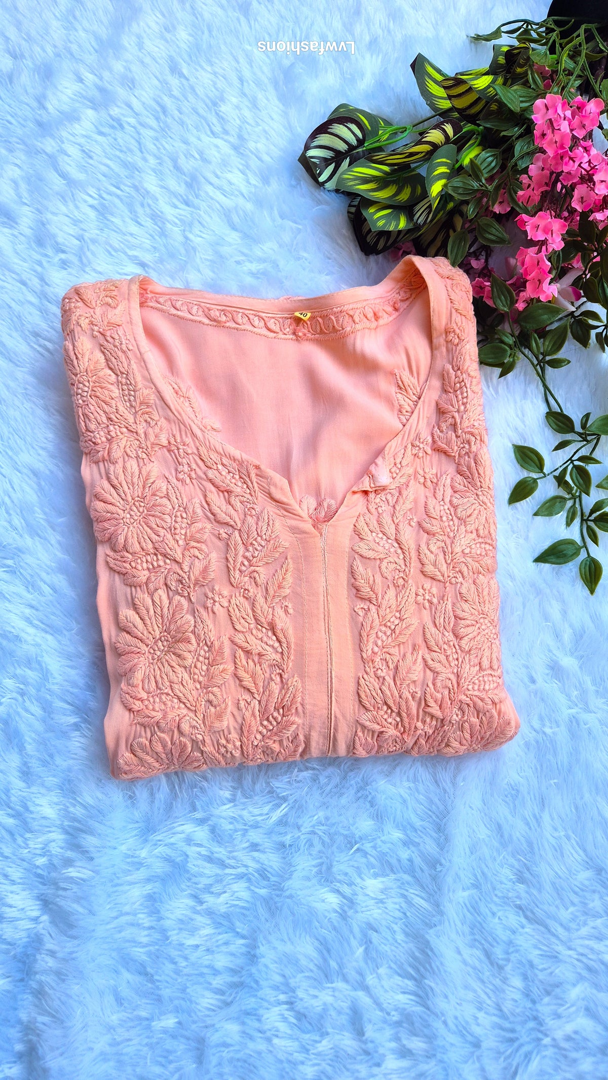 Peaches-colored premium modal long kurta with handmade Lucknow chikankari embroidery by LVW Fashions, soft and elegant.