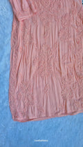 Peaches-colored premium modal long kurta with intricate handmade Lucknow chikankari embroidery, crafted by LVW Fashions.