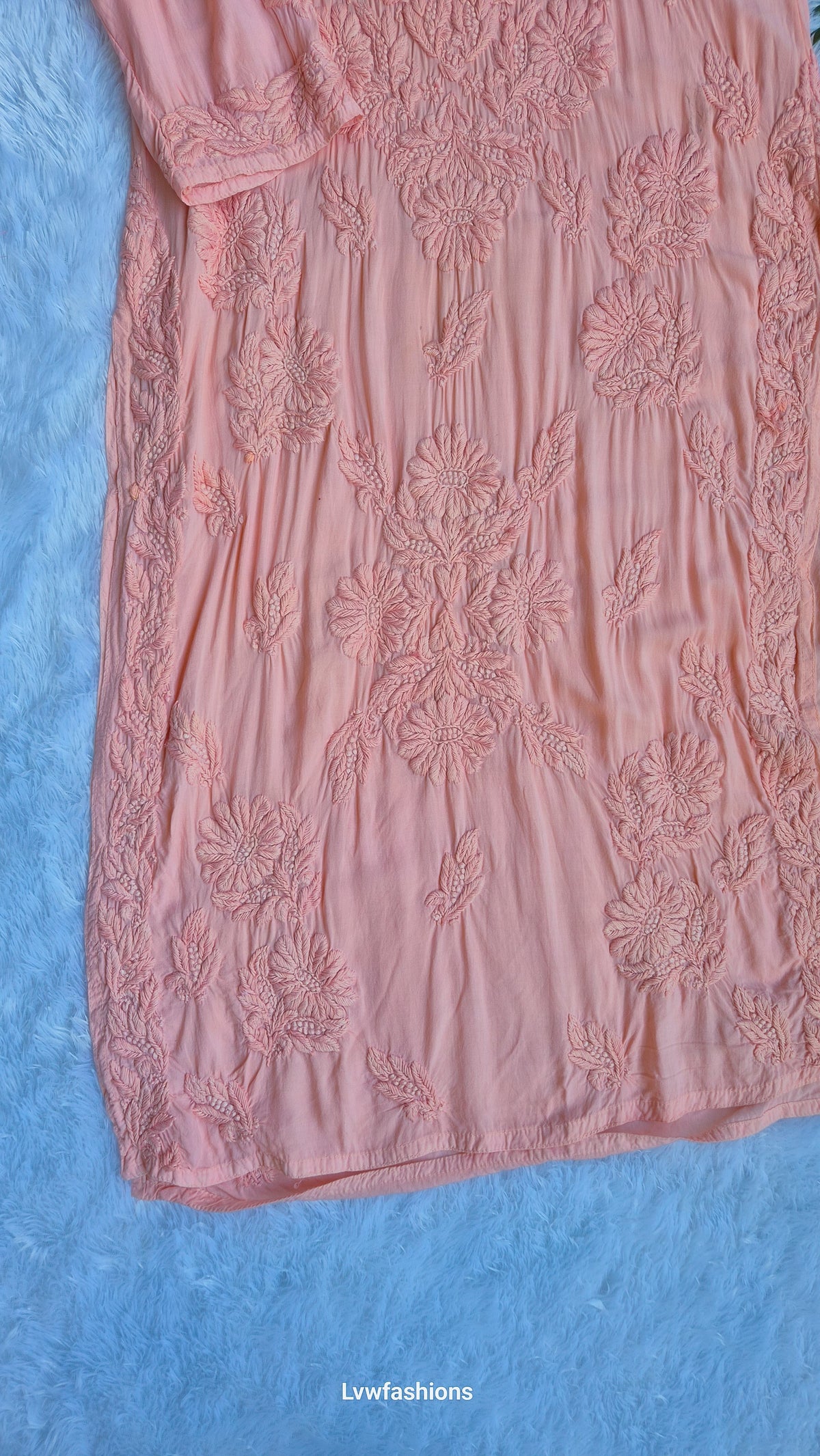 Peaches-colored premium modal long kurta with intricate handmade Lucknow chikankari embroidery, crafted by LVW Fashions.