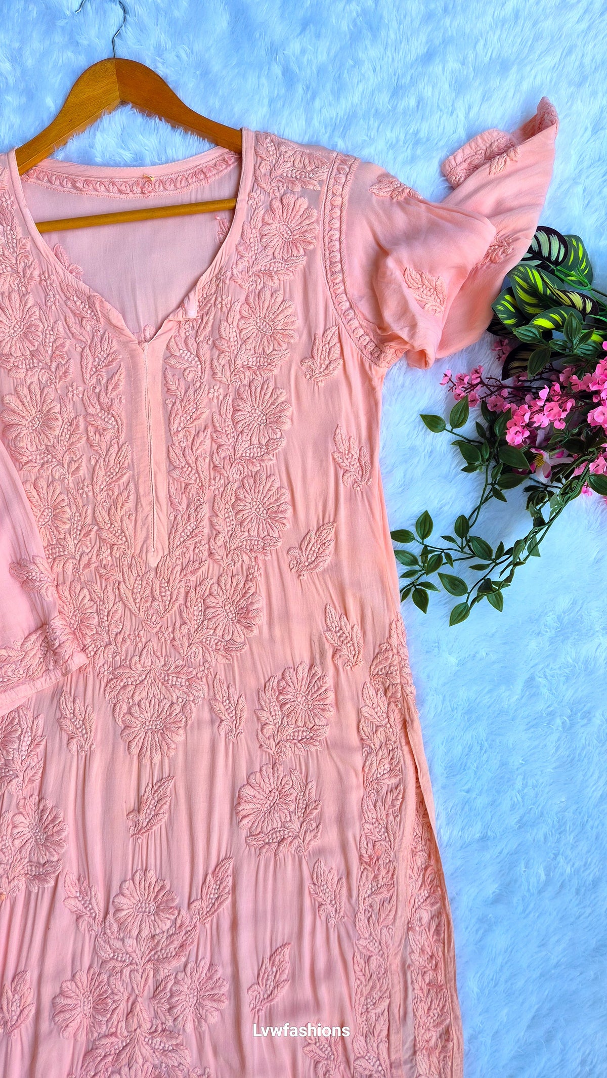 Peaches-colored premium modal soft handmade Chikankari long kurta by LVW Fashions with intricate Lucknow embroidery.