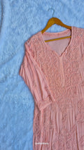 Peach-colored premium modal long kurta with intricate handmade Lucknow Chikankari embroidery by LVW Fashions.