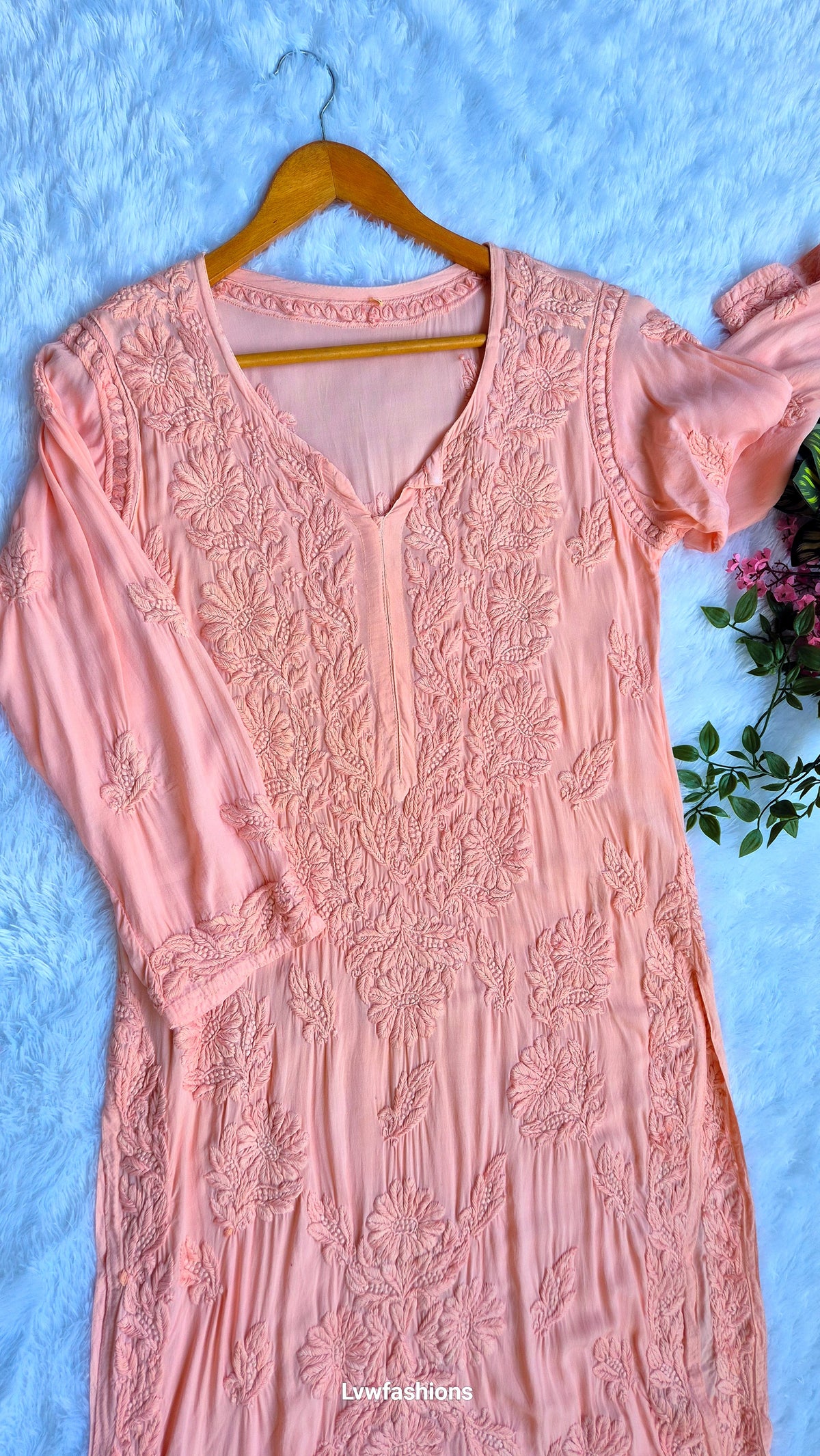 Peaches-colored premium modal long kurta with intricate handmade Chikankari embroidery from LVW Fashions, Lucknow Chikankari.