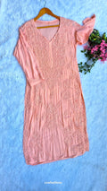 Peach-colored premium modal long kurta with handmade Lucknow chikankari embroidery by LVW Fashions, soft and elegant.