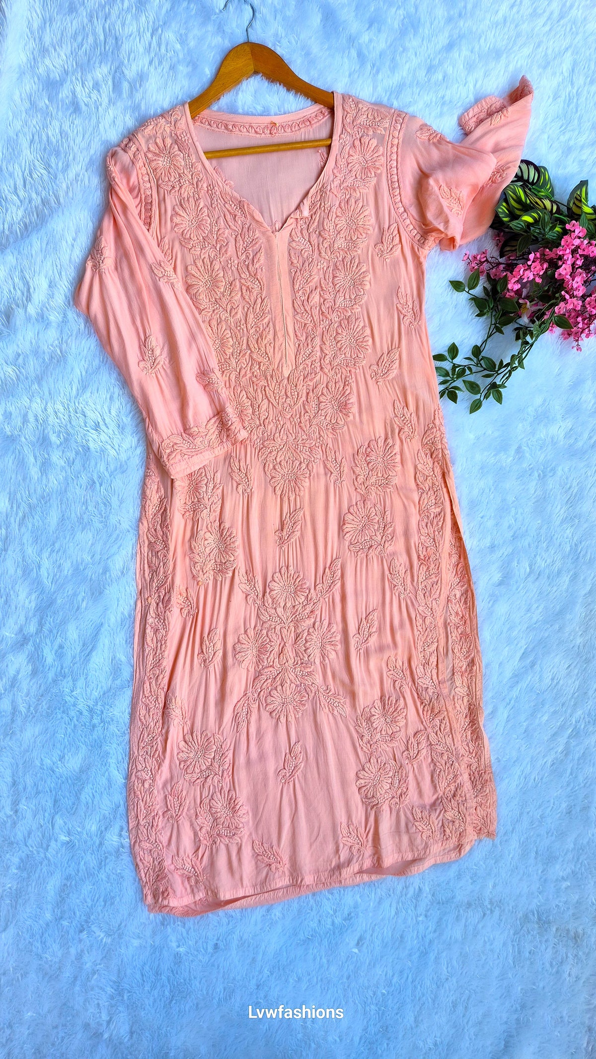 Peach-colored premium modal long kurta with handmade Lucknow chikankari embroidery by LVW Fashions, soft and elegant.