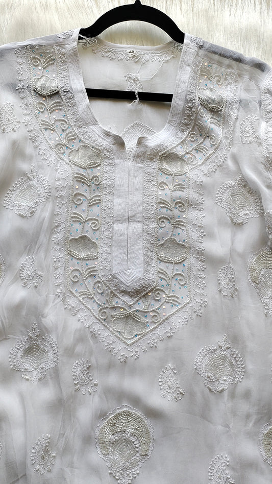 Pearl Oyster Premium Georgette Chikankari Pearls Cutdana Embroidery