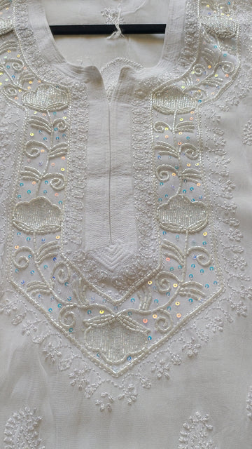 Pearl Oyster Premium Georgette Chikankari Pearls Cutdana Embroidery
