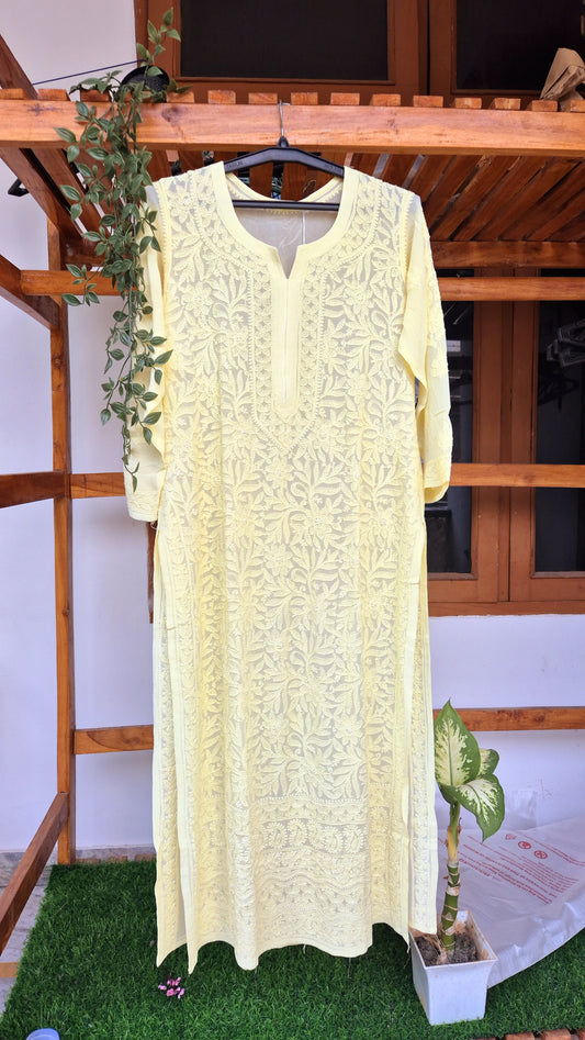 Pearl yellow Georgette Chikankari long kurti by LVW Fashions, handmade Lucknow chikankari embroidery, elegant and premium quality.