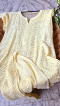 Yellow premium georgette chikankari long kurti with intricate handmade Lucknow-style embroidery by LVW Fashions.