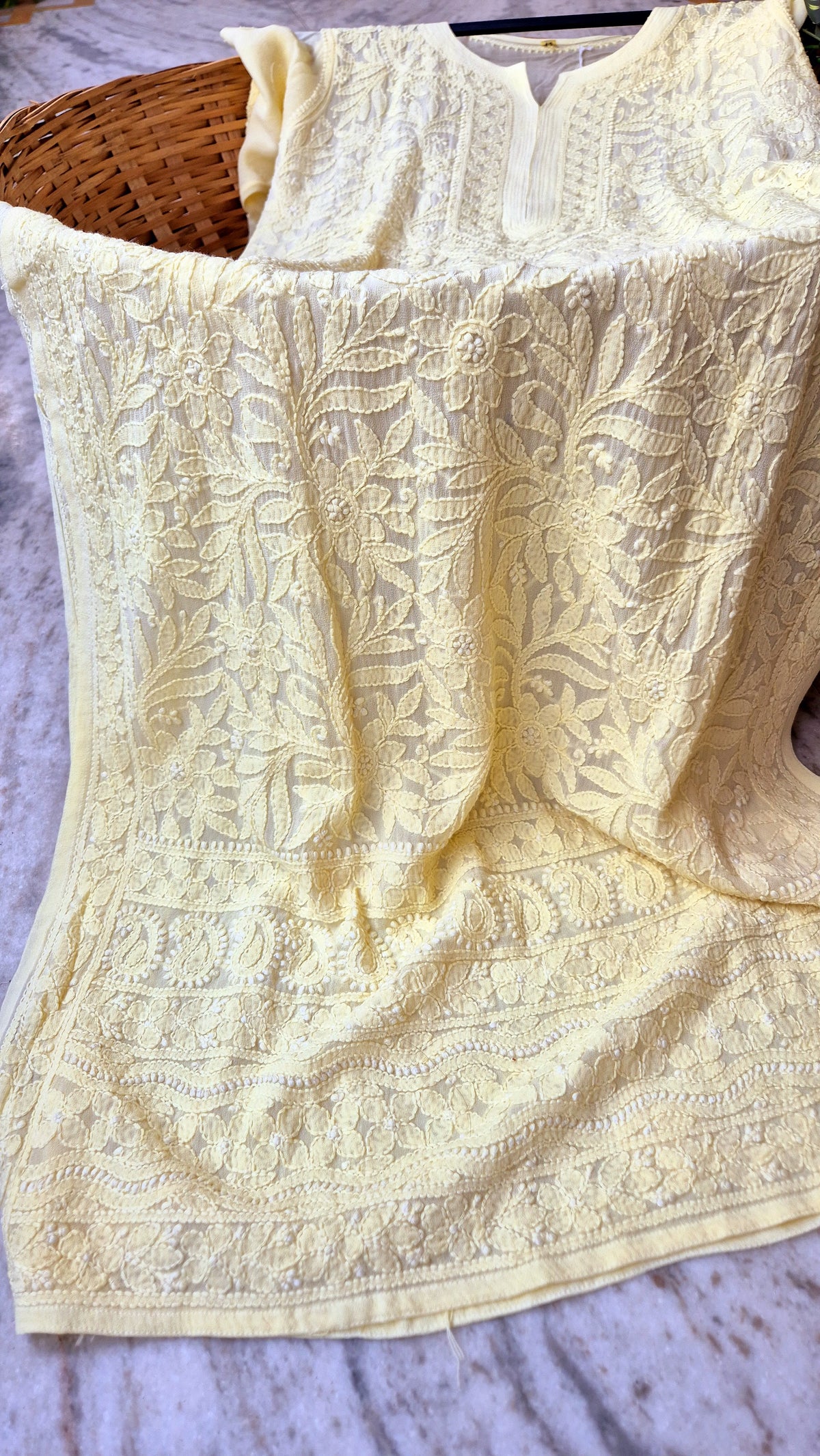 Pearl yellow premium georgette long Chikankari kurti by LVW Fashions, handmade with intricate Lucknow Chikankari detailing.