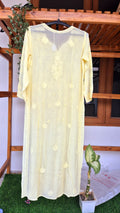 Pearl yellow premium georgette long kurti with intricate chikankari embroidery, handmade by LVW Fashions from Lucknow.