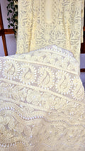 Pearl yellow premium georgette long Chikankari Kurti by LVW Fashions with intricate handmade Lucknow embroidery.