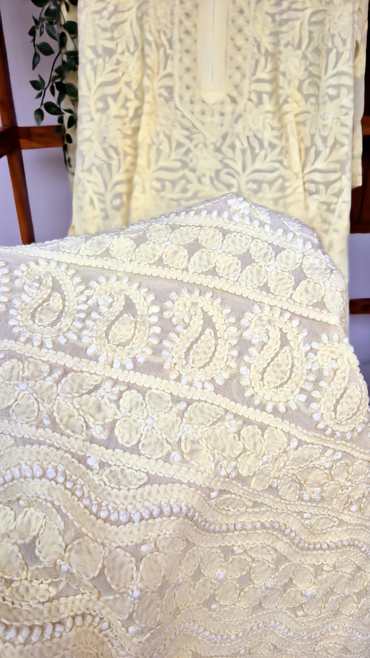 Pearl yellow premium georgette long Chikankari Kurti by LVW Fashions with intricate handmade Lucknow embroidery.
