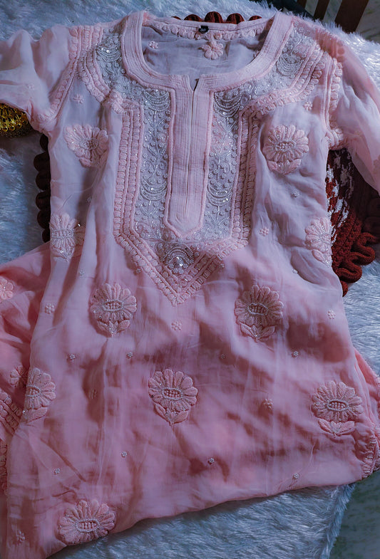 (Pink Ombre Noori  Premium Georgette Chikankari Kurta Cutdana Embroidery
