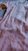 Pink ombre Noori premium georgette chikankari kurta with cutdana embroidery, handmade in Lucknow by LVW Fashions.