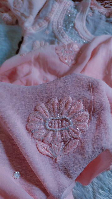 Pink ombre Noori premium georgette Chikankari kurta with intricate cutdana embroidery, handmade by LVW Fashions from Lucknow Chikankari.