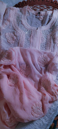 Pink ombre Noori premium georgette chikankari kurta with intricate cutdana embroidery, handmade Lucknow chikankari by LVW Fashions.