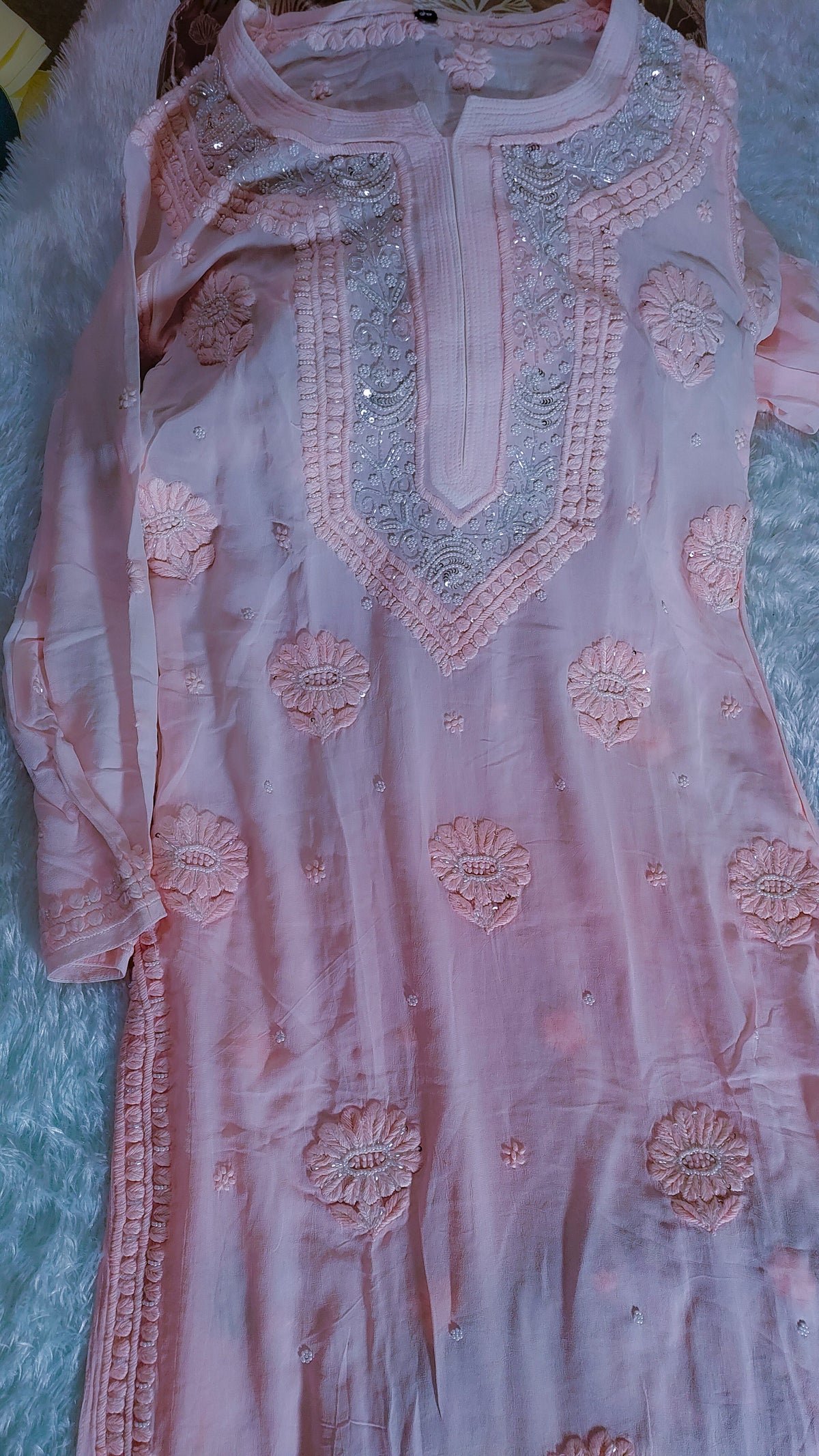 Pink ombre Noori premium georgette Chikankari kurta with cutdana embroidery, handmade by LVW Fashions, featuring Lucknow Chikankari details.
