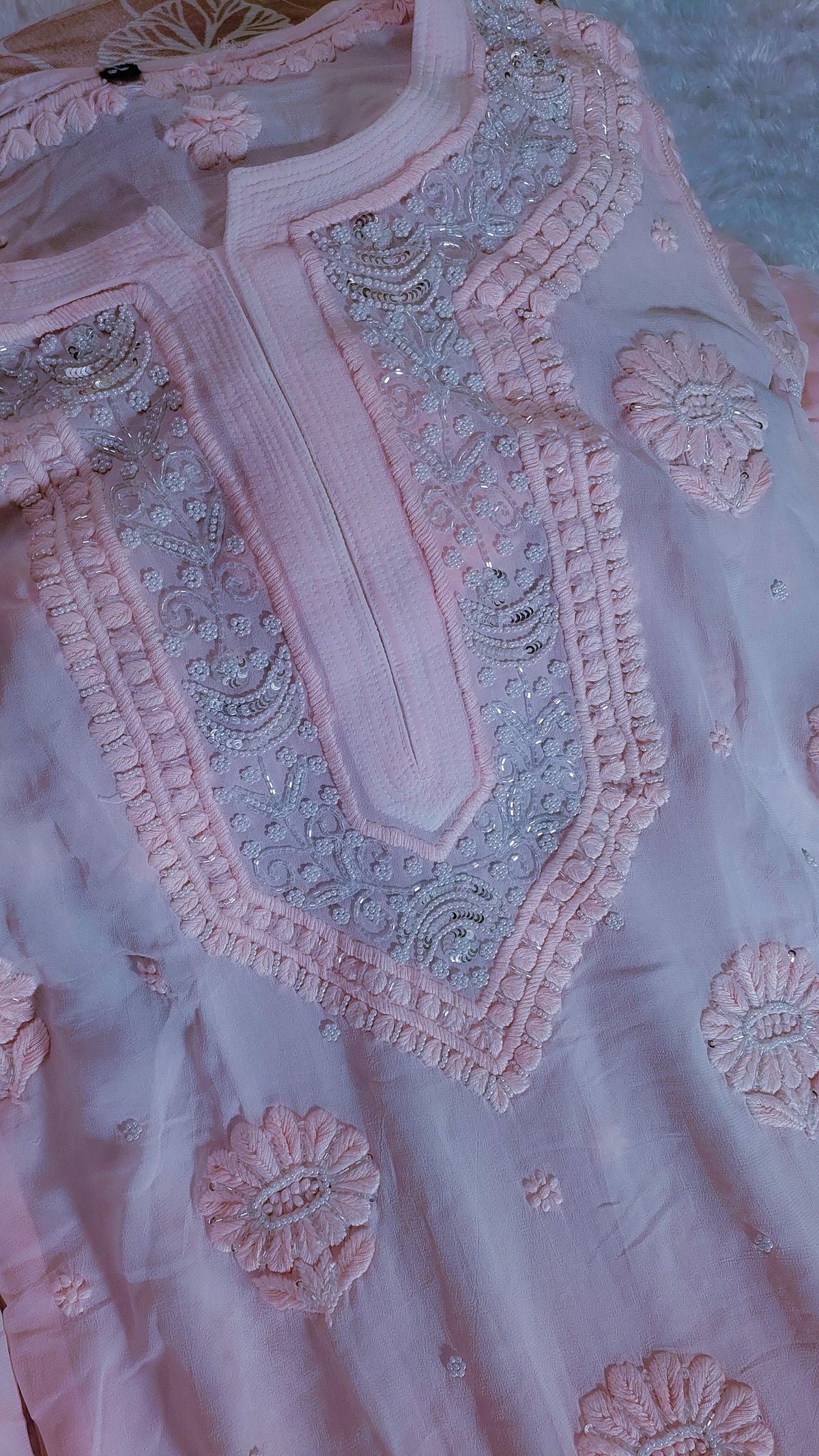 Pink ombre Noori premium georgette Chikankari kurta with cutdana embroidery, handmade by LVW Fashions from Lucknow Chikankari collection.