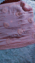 Pink ombre Noori georgette kurta with intricate Chikankari and cutdana embroidery from LVW Fashions, handmade Lucknow Chikankari.