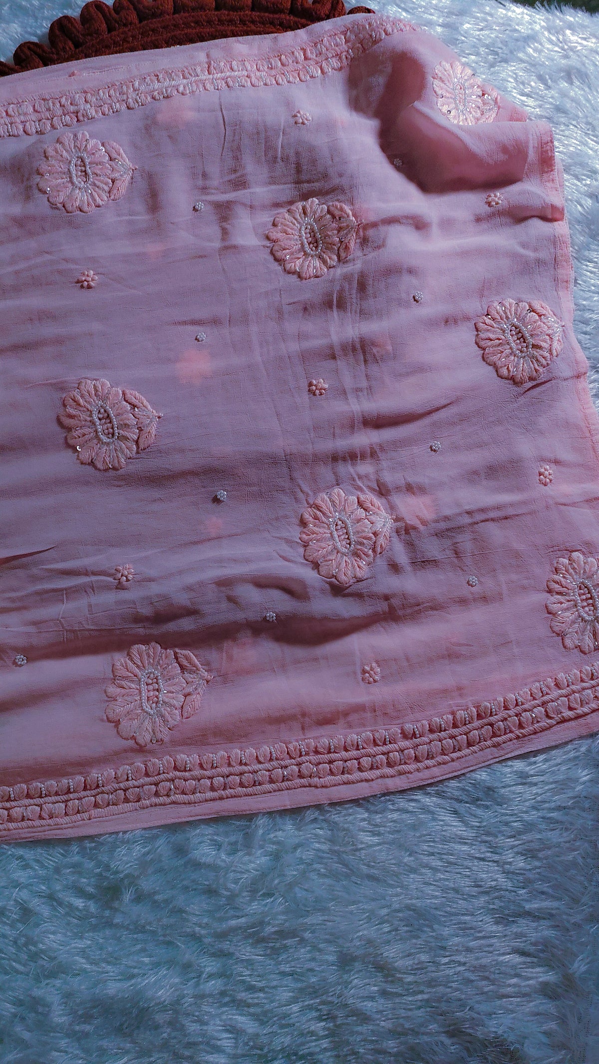 Pink ombre Noori georgette kurta with intricate Chikankari and cutdana embroidery from LVW Fashions, handmade Lucknow Chikankari.