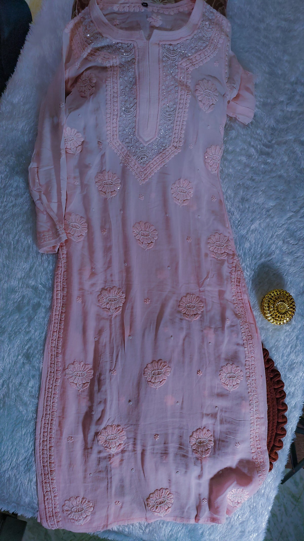 Pink ombre Noori kurta with hand-embroidered Georgette fabric, featuring intricate Cutdana Chikankari embroidery by LVW Fashions.