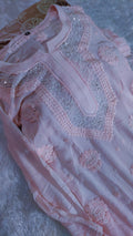 Pink ombre Noori georgette Kurta with intricate Cutdana Chikankari embroidery, handmade by LVW Fashions from Lucknow.