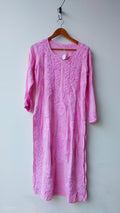 Pink premium modal soft cotton Chikankari kurta by LVW Fashions, handmade Lucknow-style embroidered kurta with intricate floral design.
