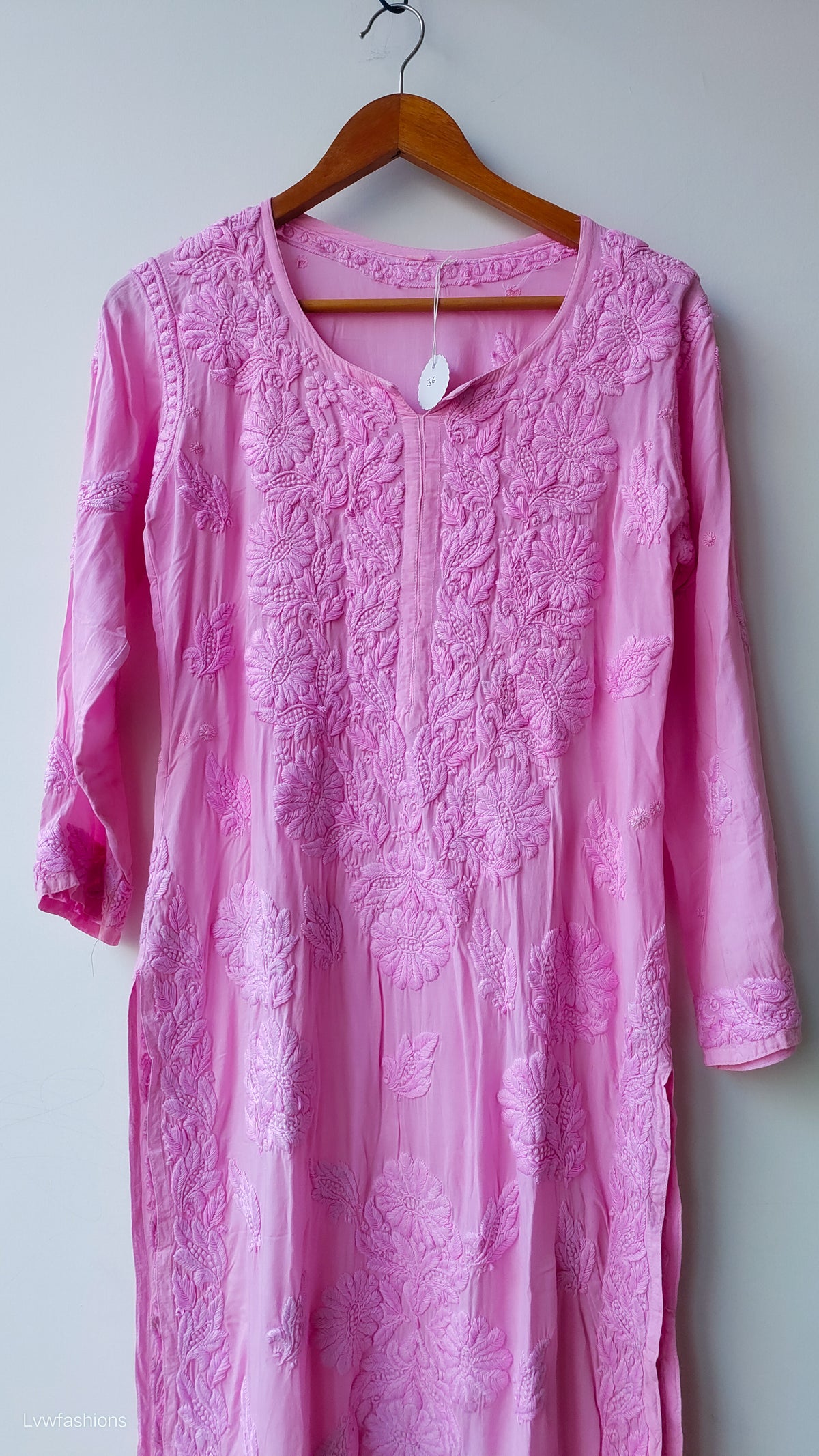 Pink premium modal soft cotton Chikankari Kurta by LVW Fashions, featuring intricate Lucknow embroidery and handmade craftsmanship.