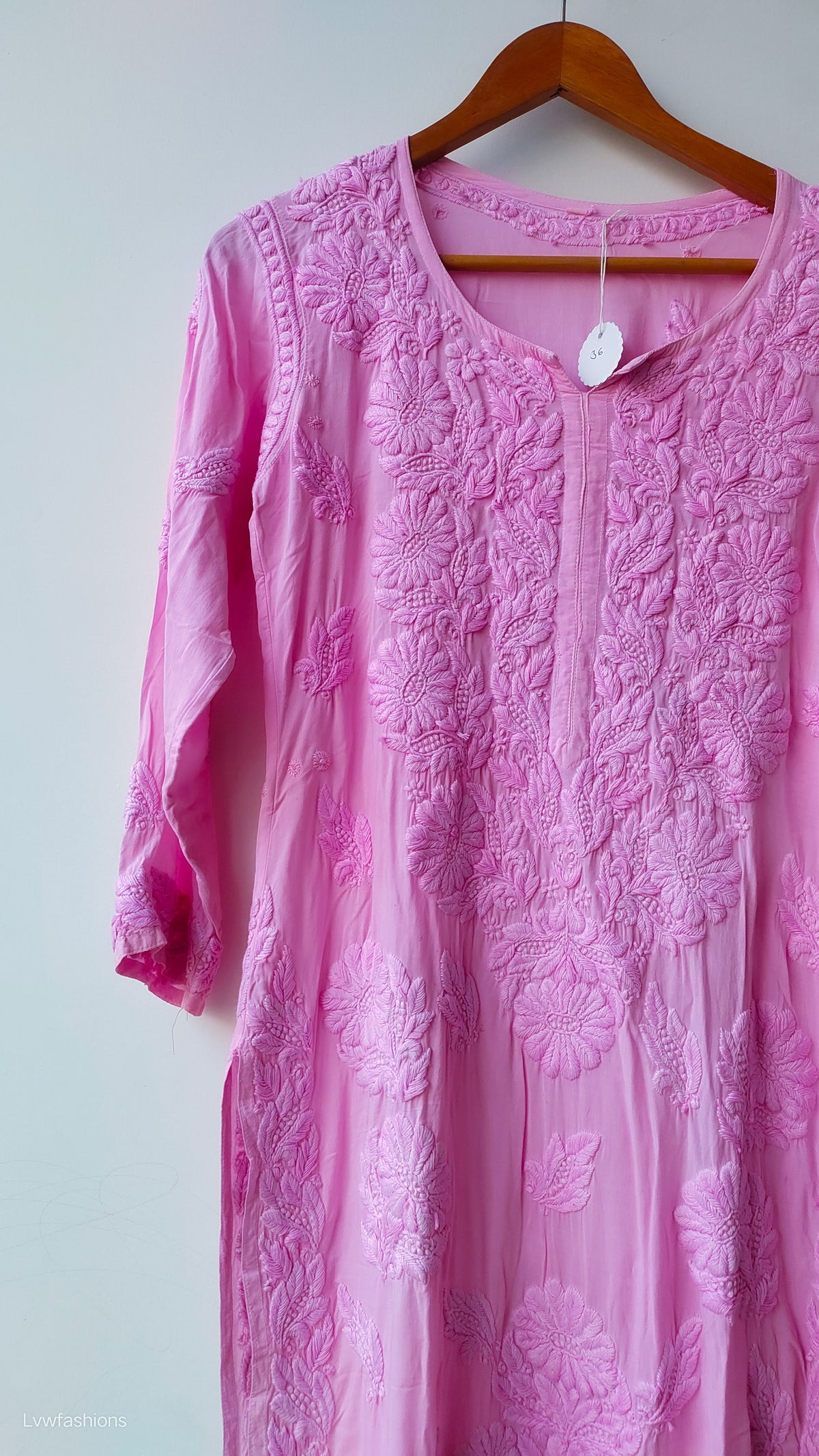 Pink premium modal cotton Chikankari kurta by LVW Fashions featuring intricate handmade Lucknow embroidery.