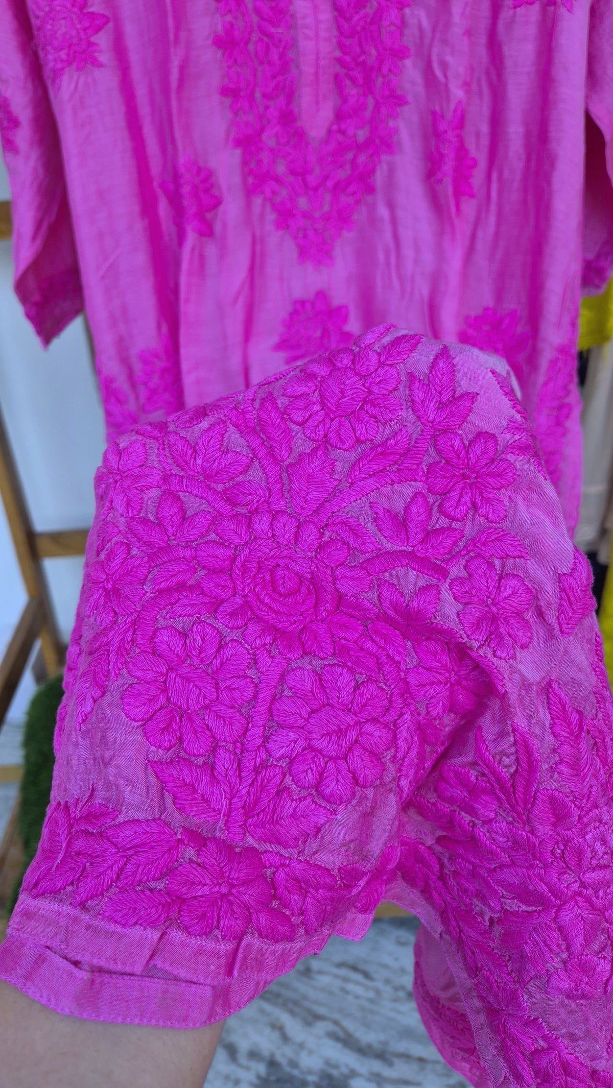 Pink premium soft silk Chikankari long kurta by LVW Fashions with intricate handmade Lucknow Chikankari embroidery.