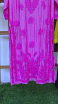 Pink premium soft silk Chikankari long kurta by LVW Fashions, handmade Lucknow Chikankari with intricate embroidery.