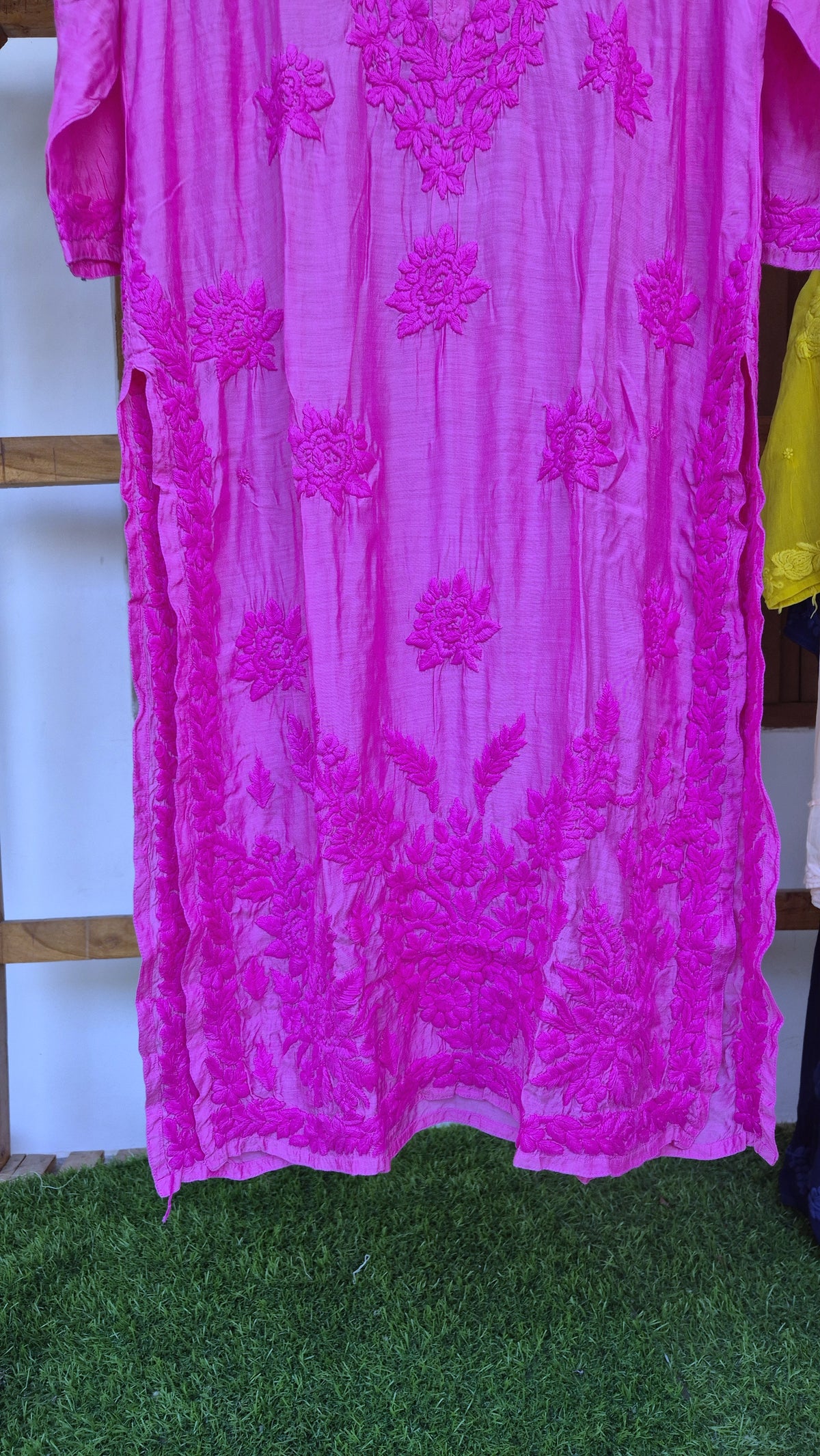Pink premium soft silk Chikankari long kurta by LVW Fashions, handmade Lucknow Chikankari with intricate embroidery.