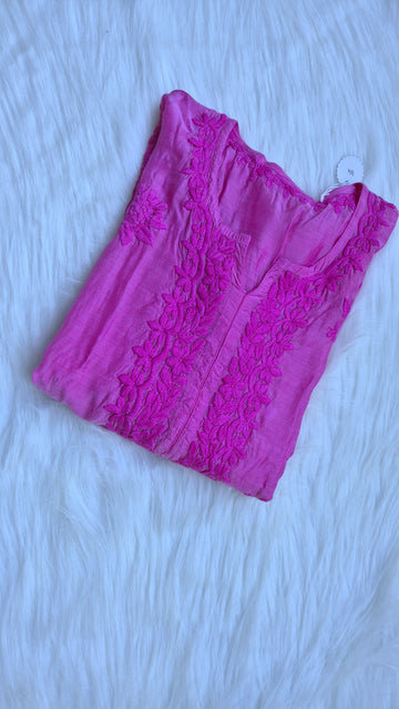 Pink premium soft silk long Kurta with intricate handmade Lucknow Chikankari embroidery, crafted by LVW Fashions.