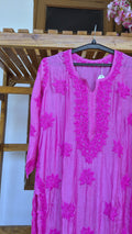 Pink premium soft silk Chikankari long kurta by LVW Fashions, handmade Lucknow Chikankari with intricate embroidery.
