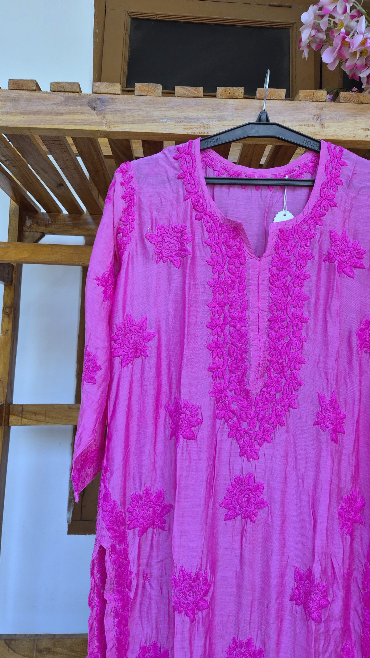 Pink premium soft silk Chikankari long kurta by LVW Fashions, handmade Lucknow Chikankari with intricate embroidery.