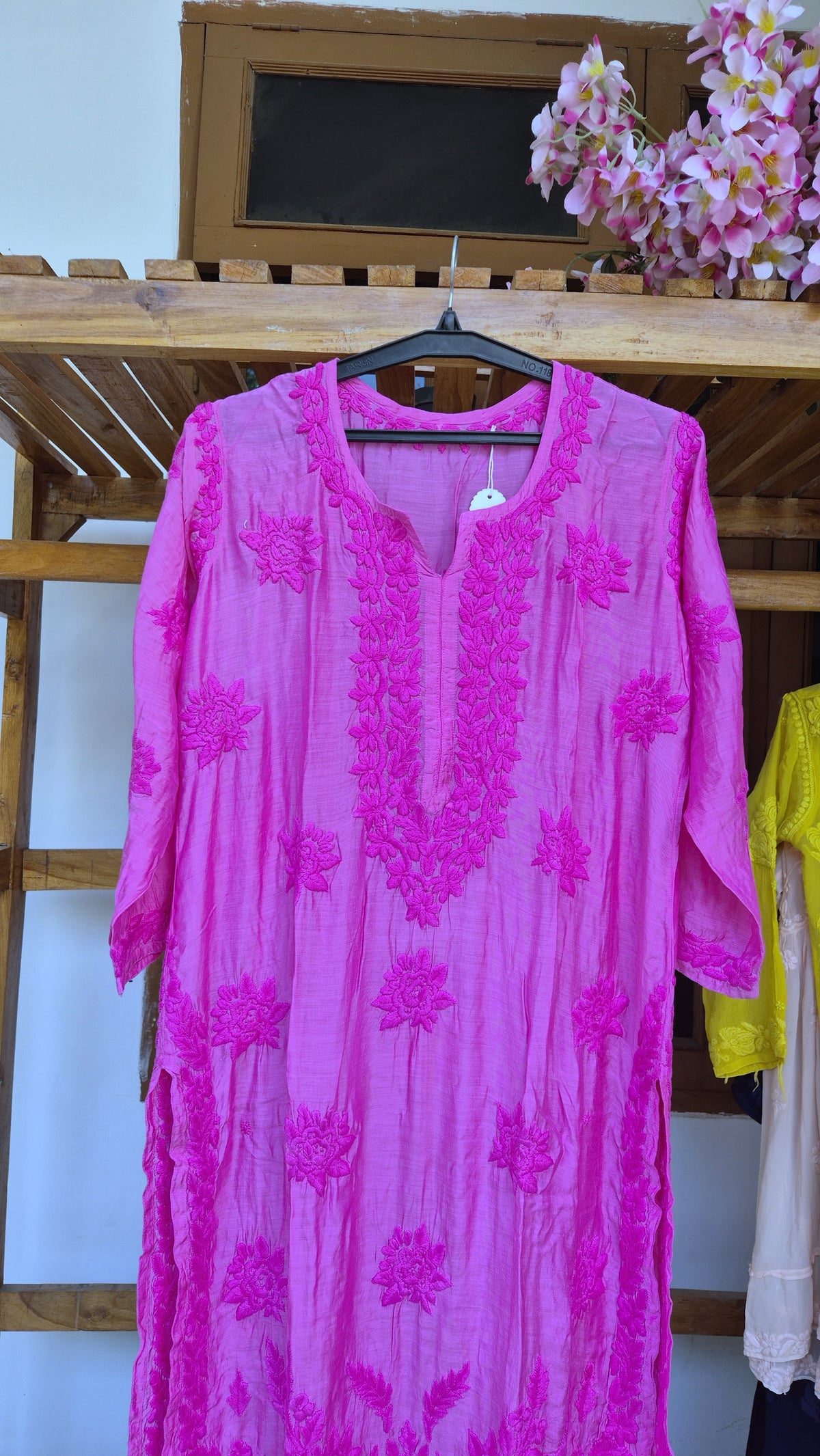 Pink premium soft silk Chikankari long kurta by LVW Fashions, handmade in Lucknow with intricate embroidery.