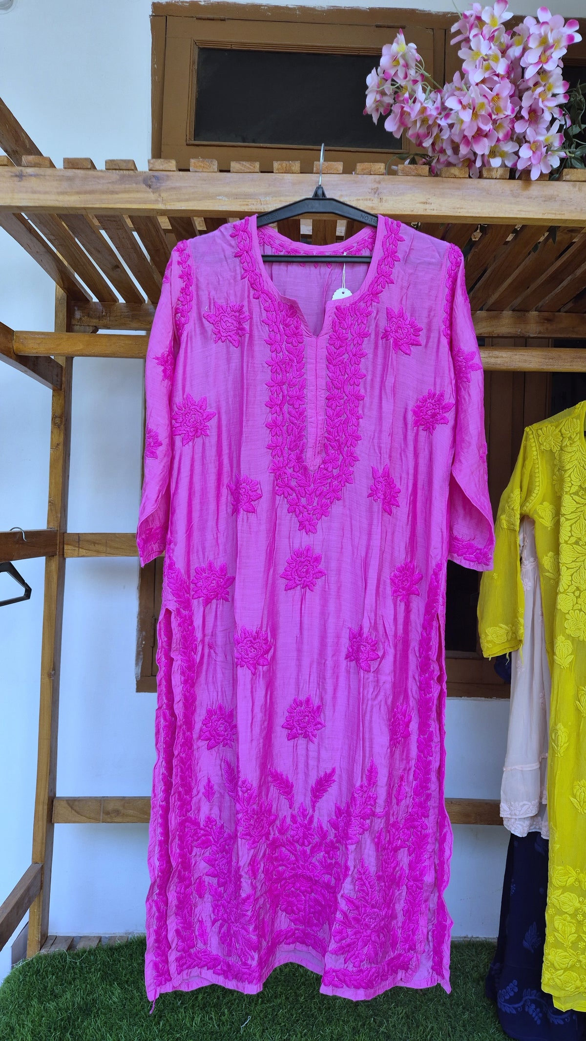 Pink premium soft silk long kurta with intricate Lucknow chikankari embroidery by LVW Fashions, handmade traditional Indian attire.