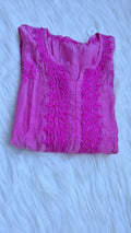Pink premium soft silk Chikankari long kurta by LVW Fashions featuring intricate handmade Lucknow Chikankari embroidery.