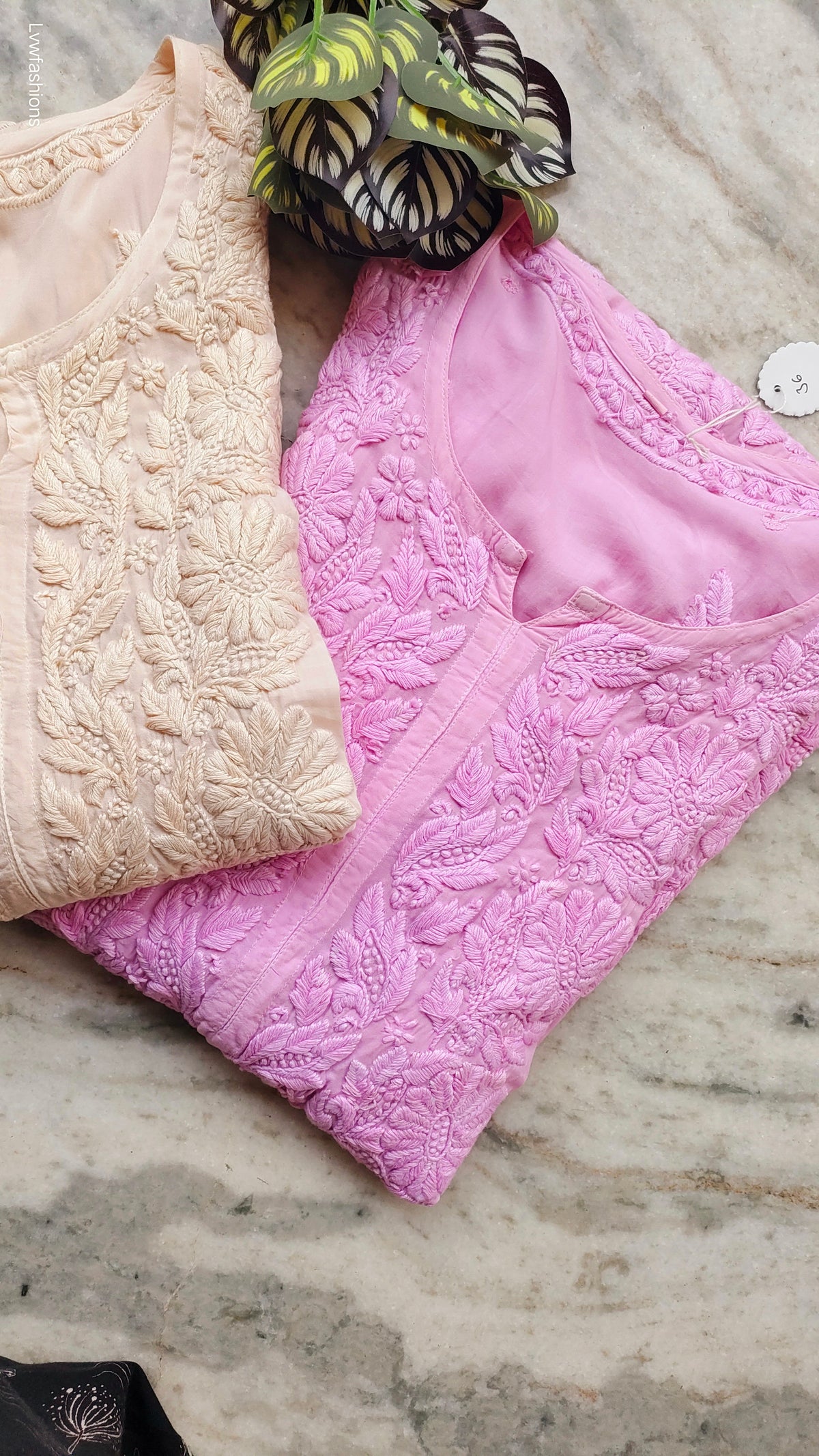Pink Pulm & Storm premium modal silk Chikankari long kurti by LVW Fashions, handmade Lucknow Chikankari with intricate embroidery.