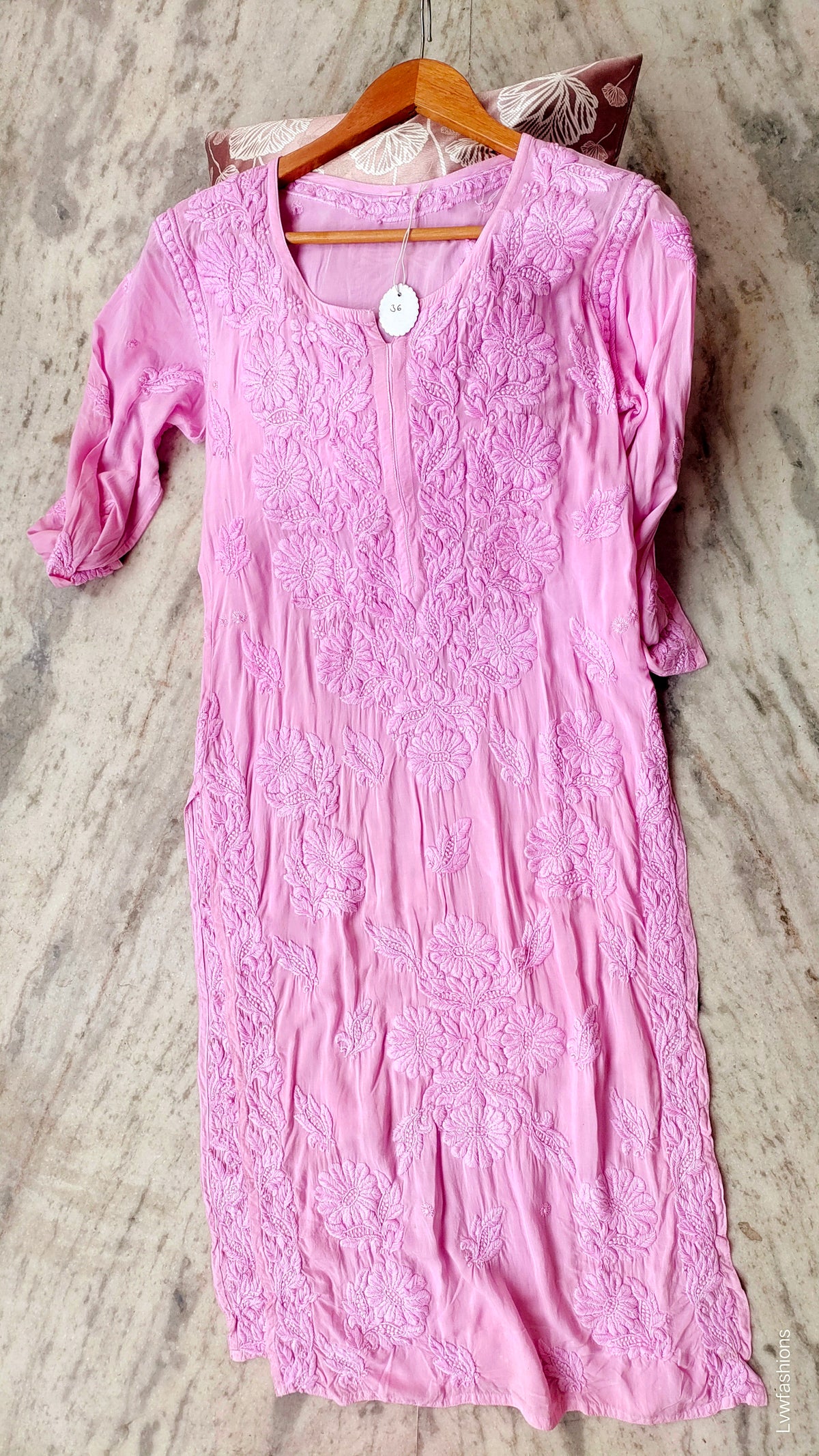 Pink Pulm & Storm premium modal silk long kurti with intricate Lucknow chikankari embroidery by LVW Fashions.