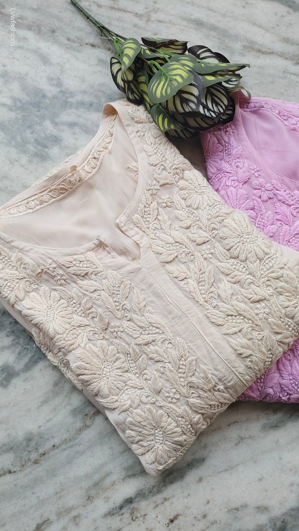 Pink Pulm & Storm Premium Modal Silk Chikankari long kurti by LVW Fashions, handcrafted Lucknow chikankari with intricate embroidery.