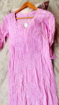 Pink Pulm & Storm premium modal silk Chikankari long kurti by LVW Fashions with intricate handmade Lucknow embroidery.