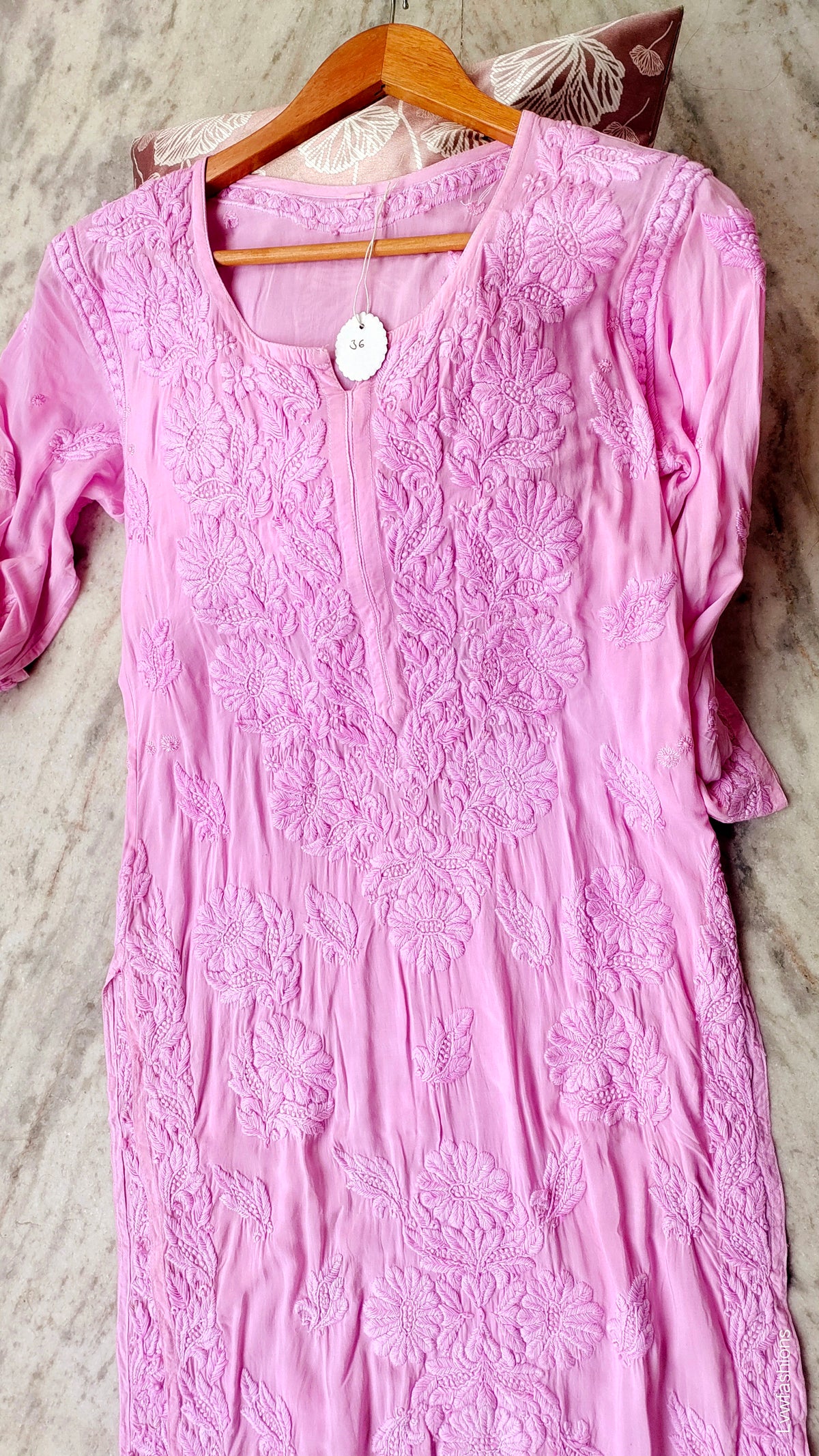 Pink Pulm & Storm premium modal silk Chikankari long kurti by LVW Fashions with intricate handmade Lucknow embroidery.