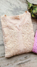 Pink LVW Fashions Chikankari long kurti in premium modal silk, handmade Lucknow embroidery, elegant and traditional women's attire.