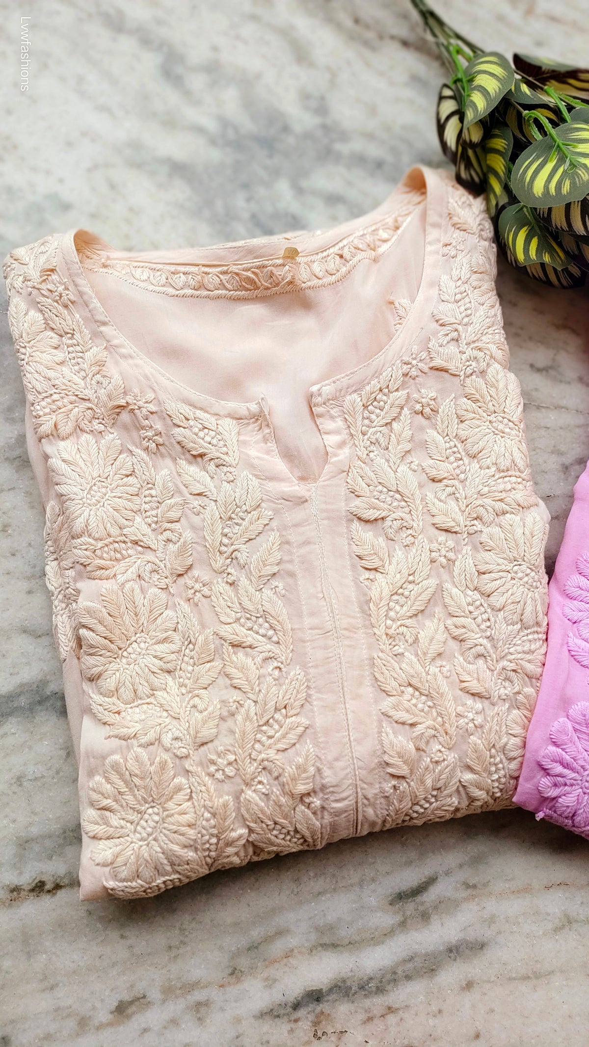 Pink LVW Fashions Chikankari long kurti in premium modal silk, handmade Lucknow embroidery, elegant and traditional women's attire.