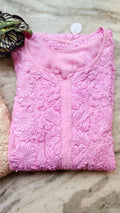 Pink Pulm & Storm premium modal silk chikankari long kurti by LVW Fashions, handmade Lucknow chikankari kurta with intricate embroidery.