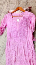 Pink LVW Fashions Chikankari long kurti made from premium modal silk with handcrafted Lucknow embroidery, size XXS.