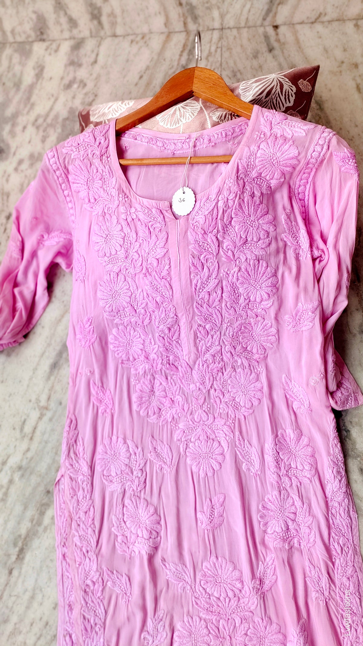 Pink LVW Fashions Chikankari long kurti made from premium modal silk with handcrafted Lucknow embroidery, size XXS.
