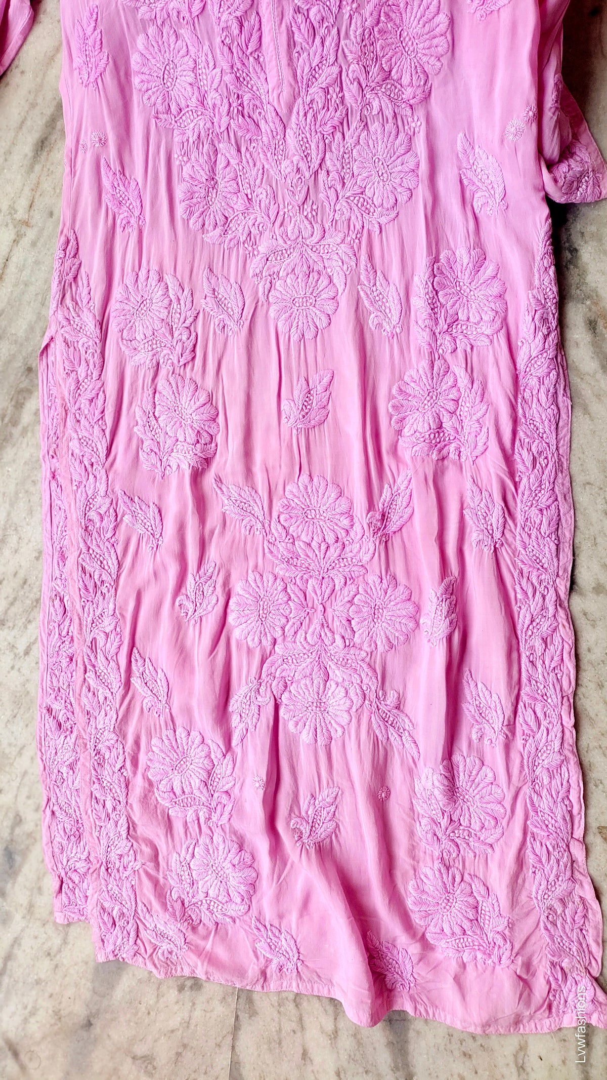 Pink Pulm & Storm premium modal silk chikankari long kurti by LVW Fashions with intricate hand-stitched Lucknow chikankari detailing.